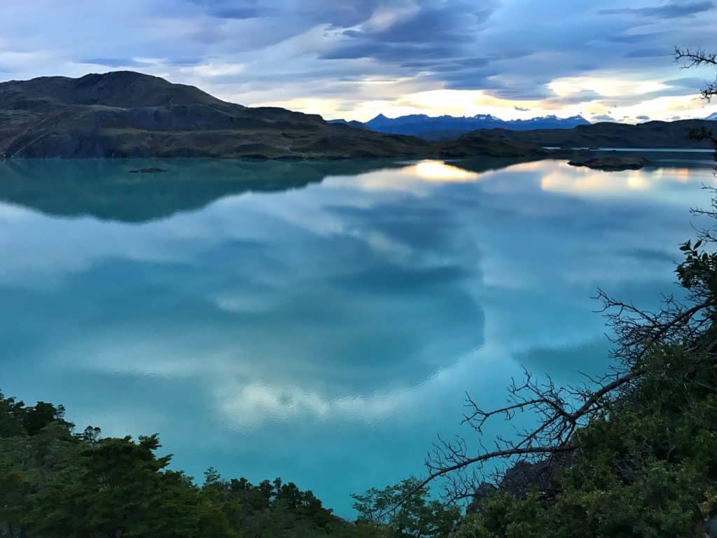 Blue and purple sunrise over Lago Nordenskjold in Patagonia