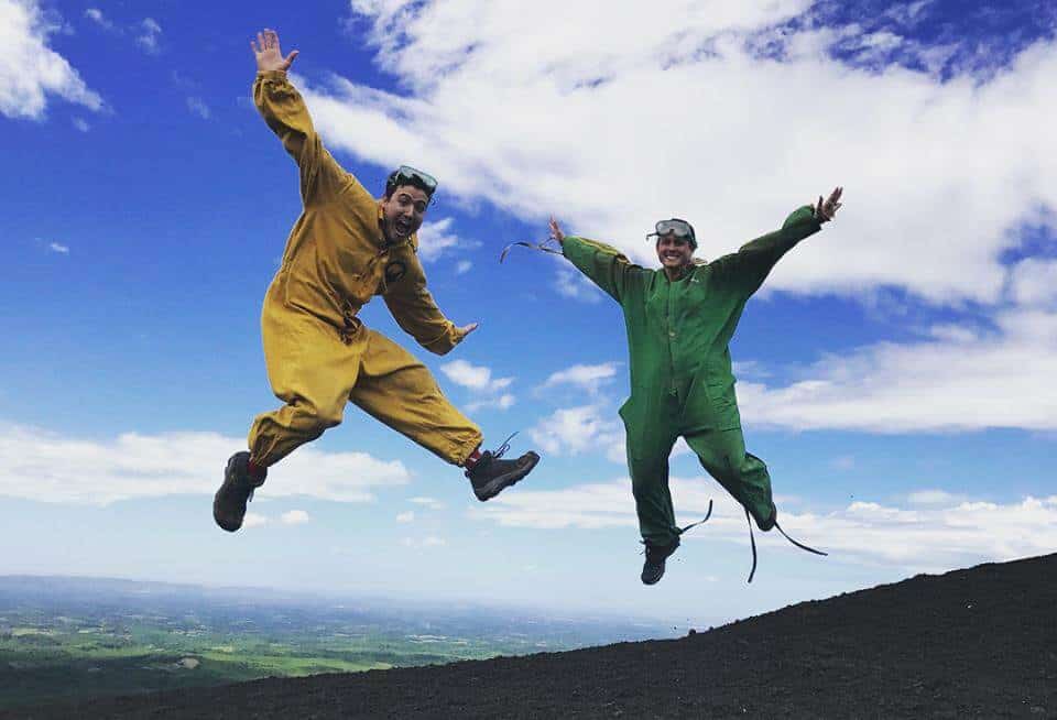 Kyle and I jumping at the top of Cerro Negro in our volcano boarding suits