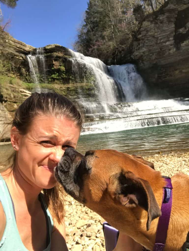 Boxer dog kisses from below emerald colored Cummins Falls
