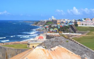View of San Juan from fort with iguana perched on cement