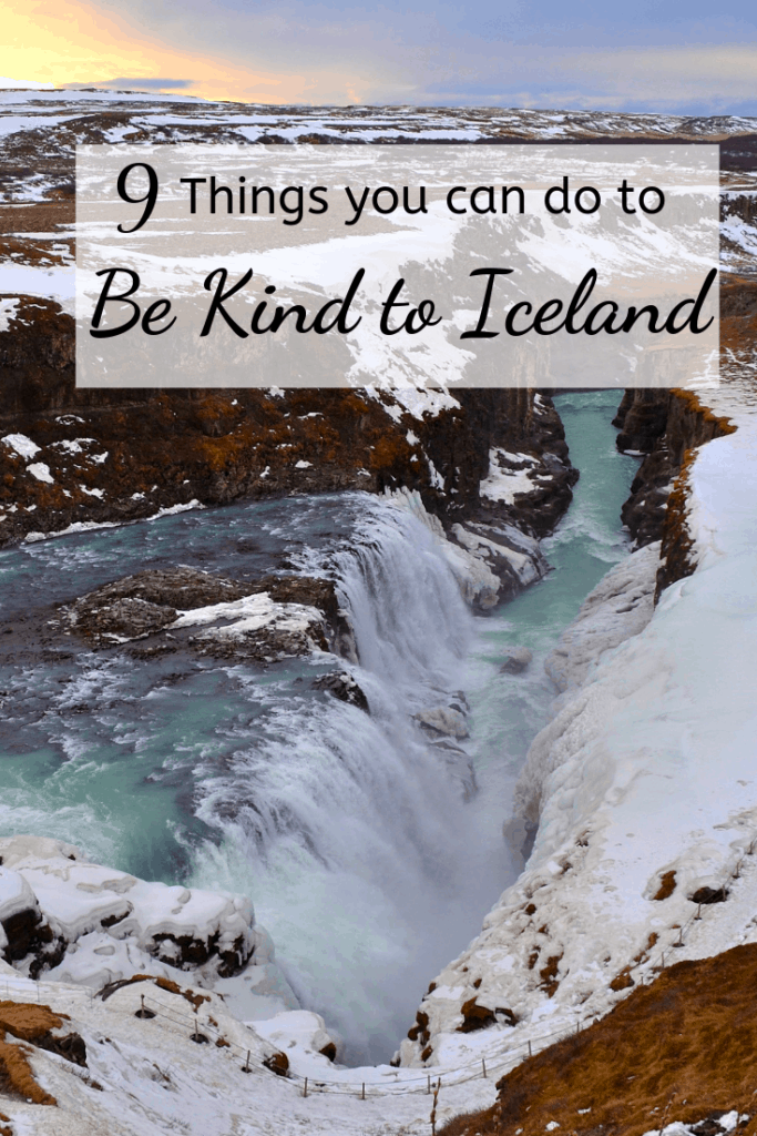 Be Kind to Iceland pin, image of Gulfoss waterfall during winter