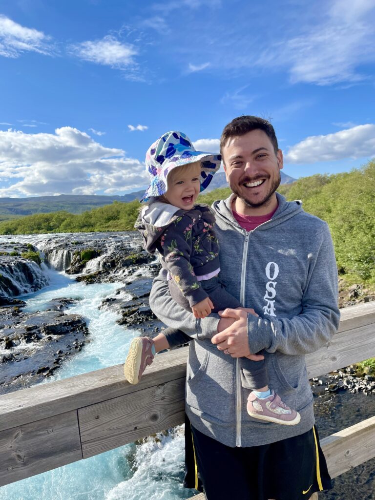 Dad and toddler at Bruarfoss Iceland waterfall