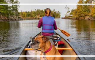 girl and dog canoeing in voyageurs national park